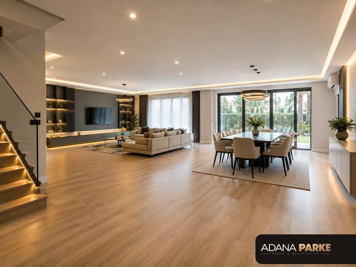 Sarıçam'da lamine parke döşenmiş villa iç mekanı