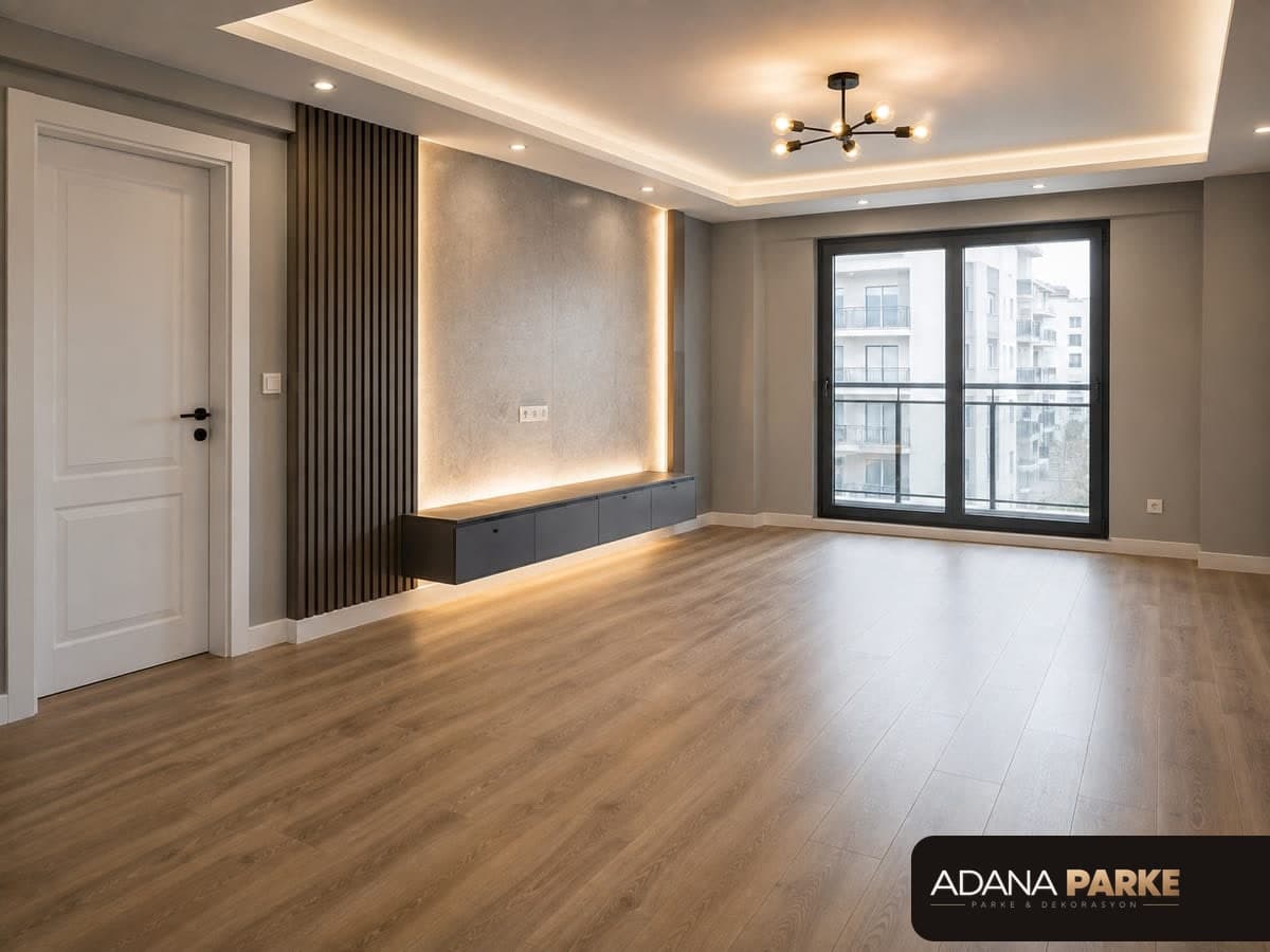 Seyhan'da laminat parke döşenmiş modern daire salonu