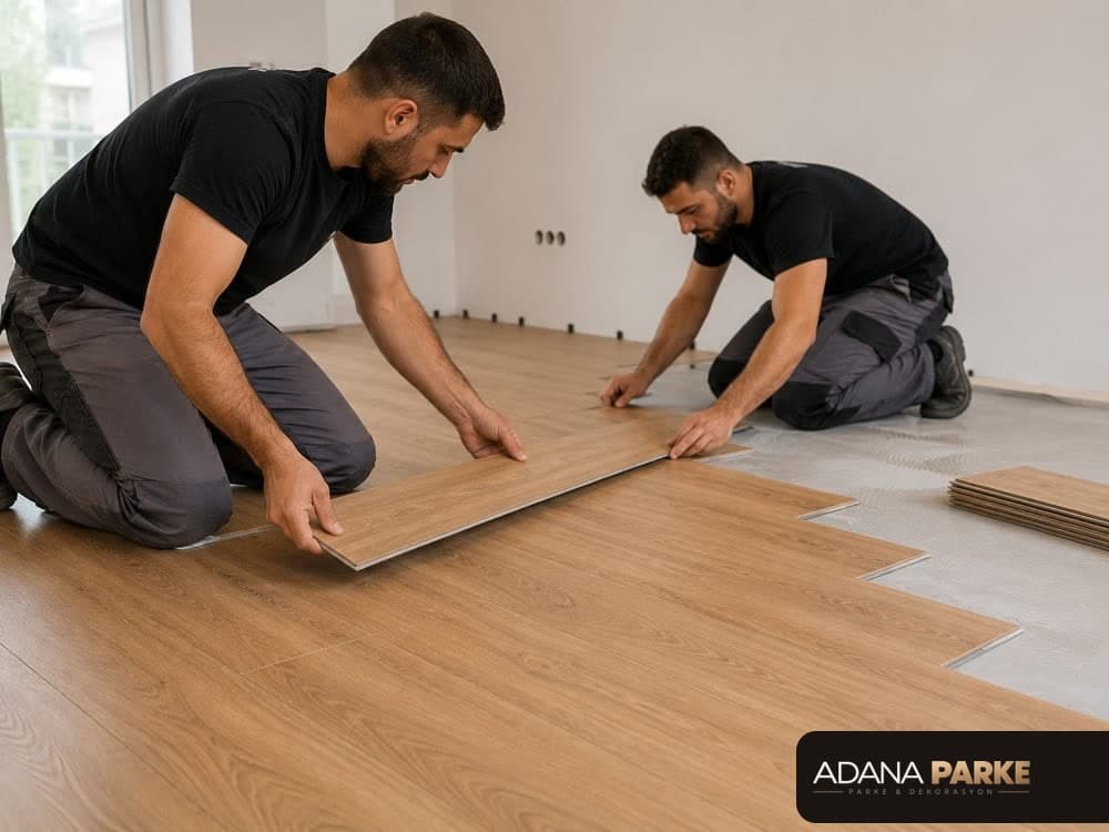 Uygulama ekibinin parke döşerken çalışması